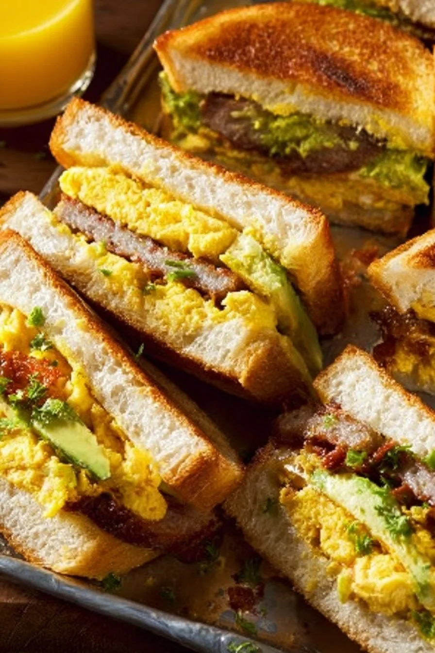 Delicious Breakfast Club Sandwich with layers of eggs, bacon, and cheese