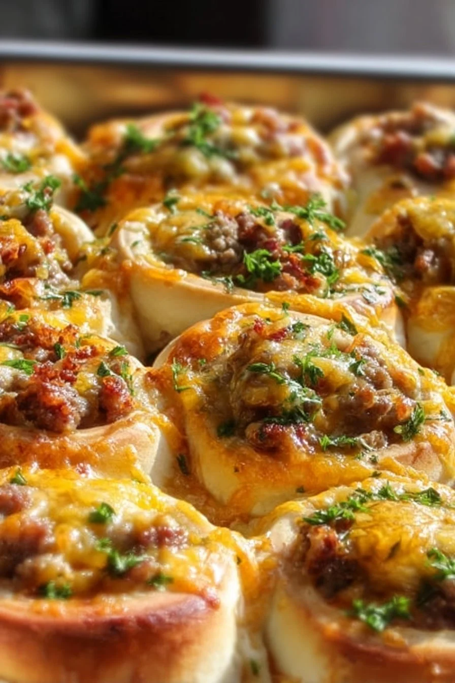 Freshly baked breakfast rolls with various fillings.