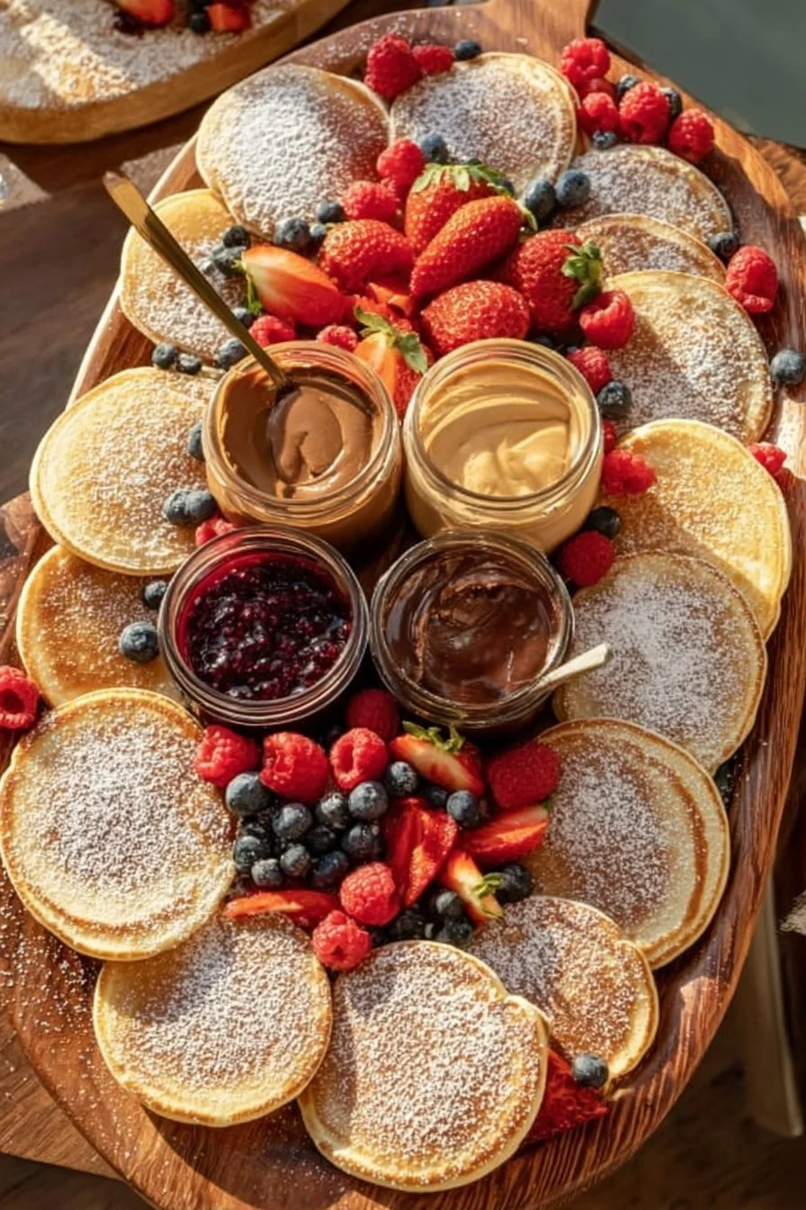 A beautifully arranged brunch table featuring dishes like pancakes, eggs, and fresh fruits.