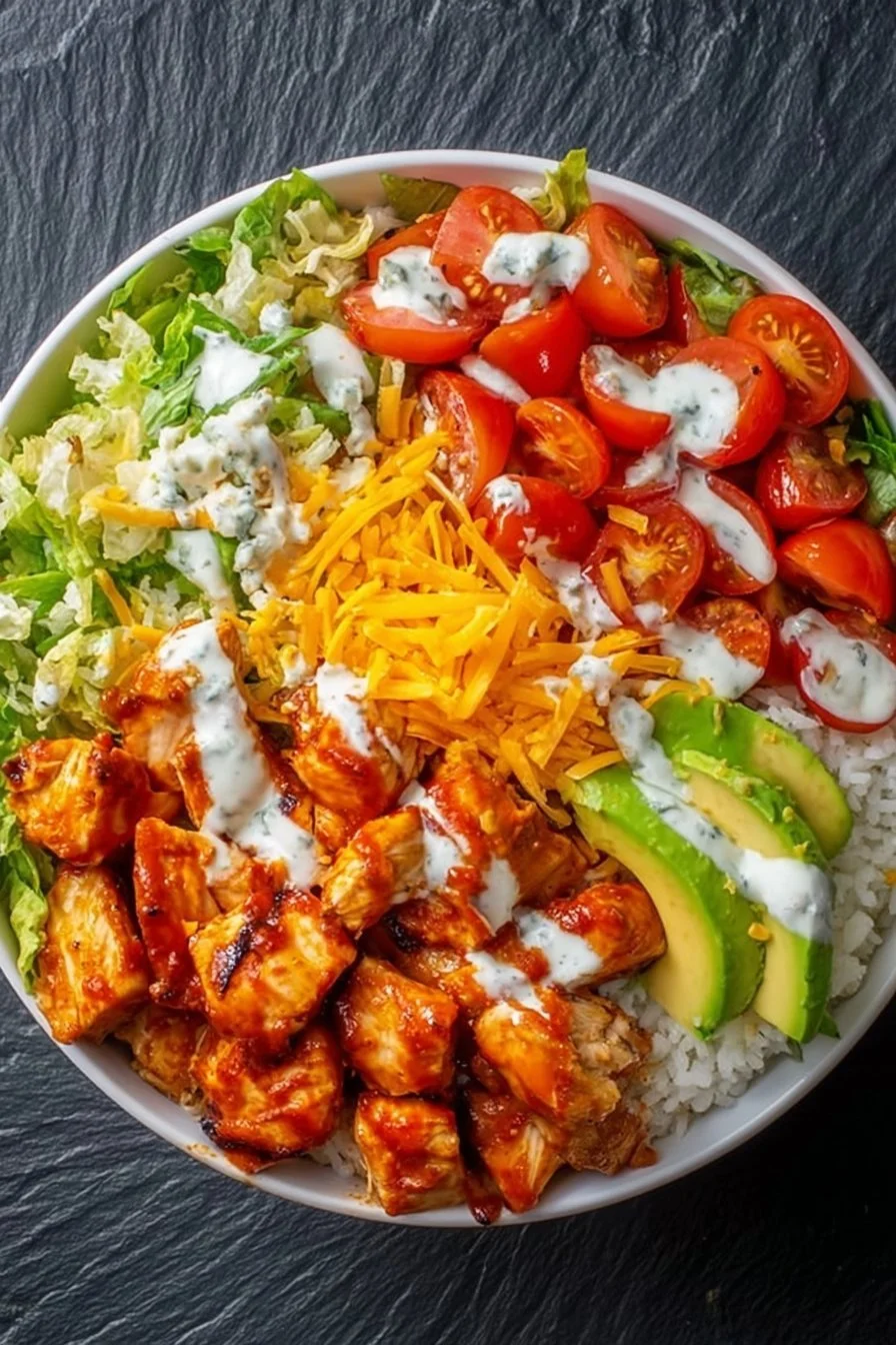Delicious Buffalo Chicken Bowl with spicy sauce, served with fresh veggies.