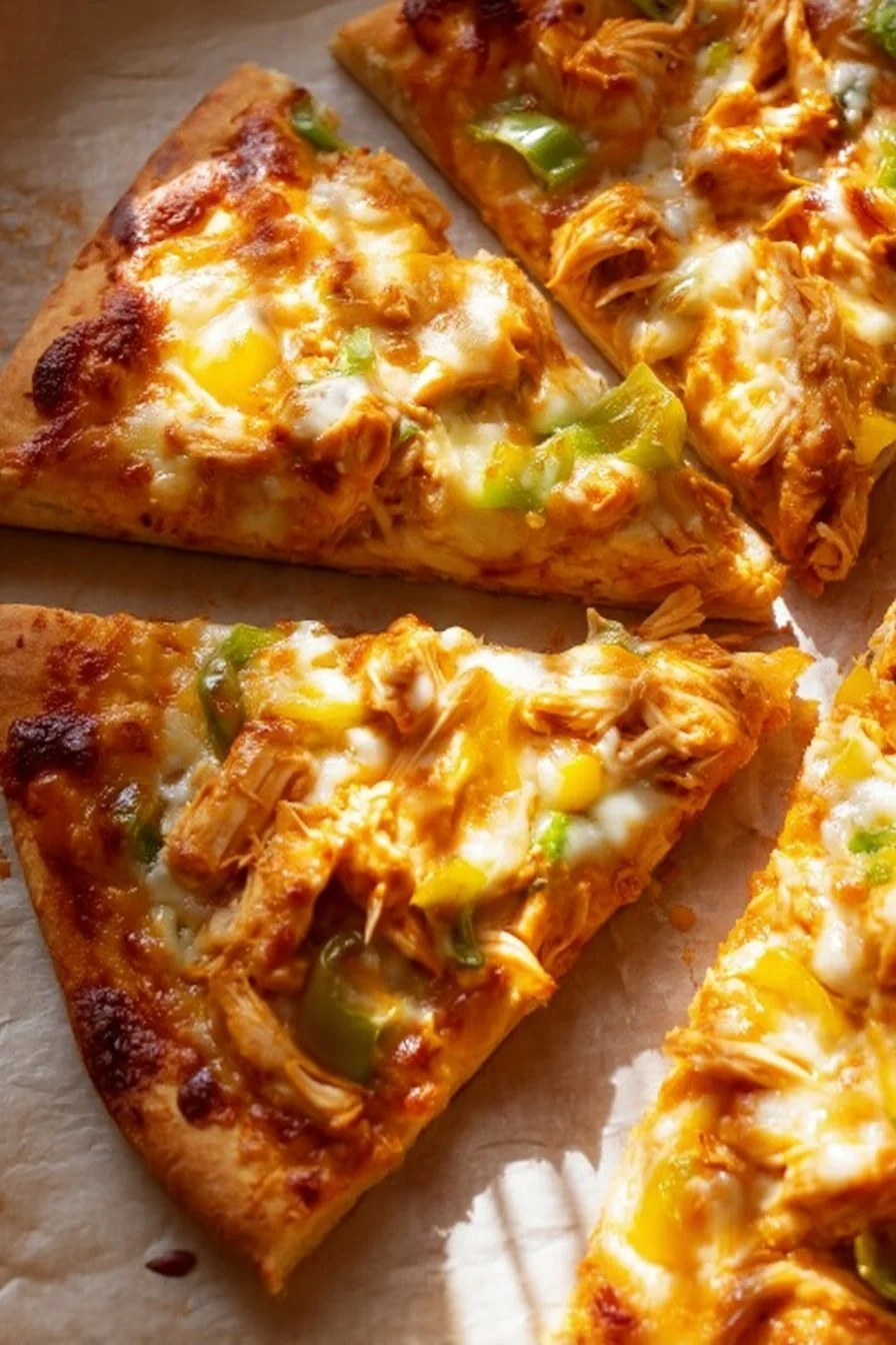 Delicious Buffalo Chicken Pizza topped with spicy sauce and melted cheese