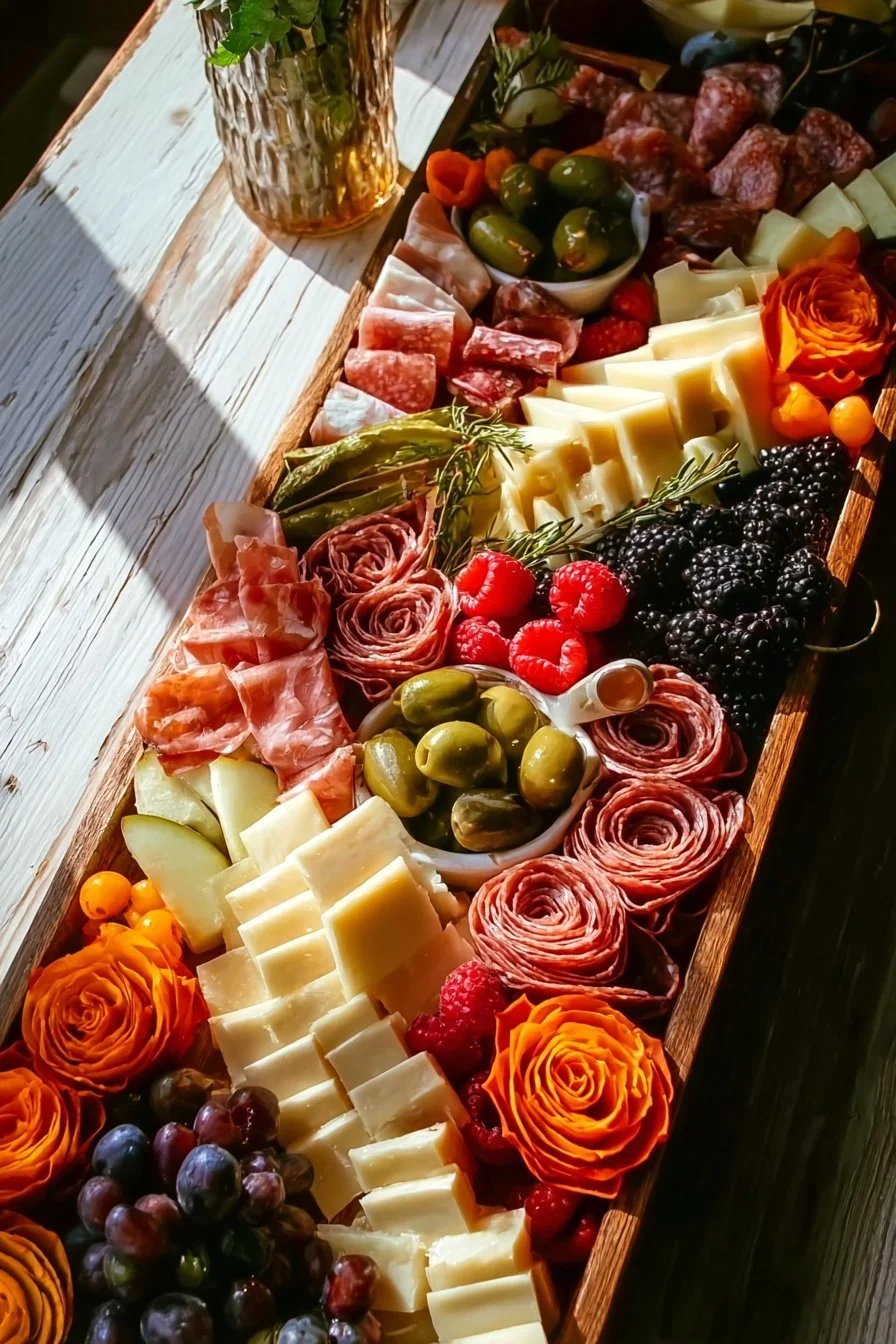 Beautiful cheese and charcuterie board with assorted cheeses and meats.