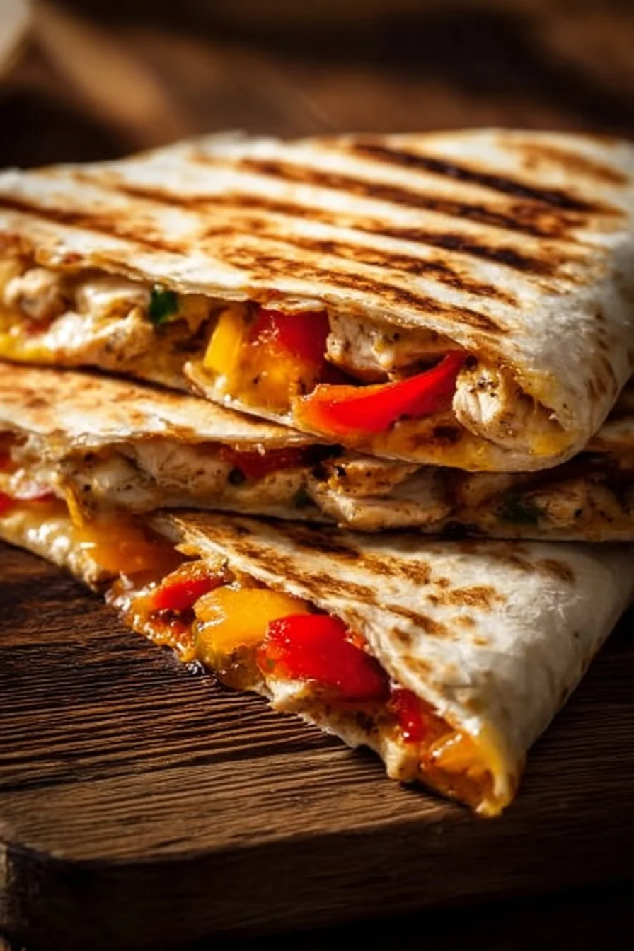 Delicious cheesy grilled chicken quesadillas with toppings and sides