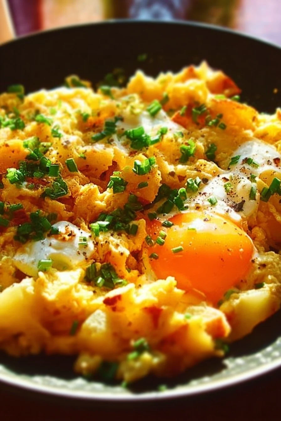 Cheesy potato egg scramble served on a plate