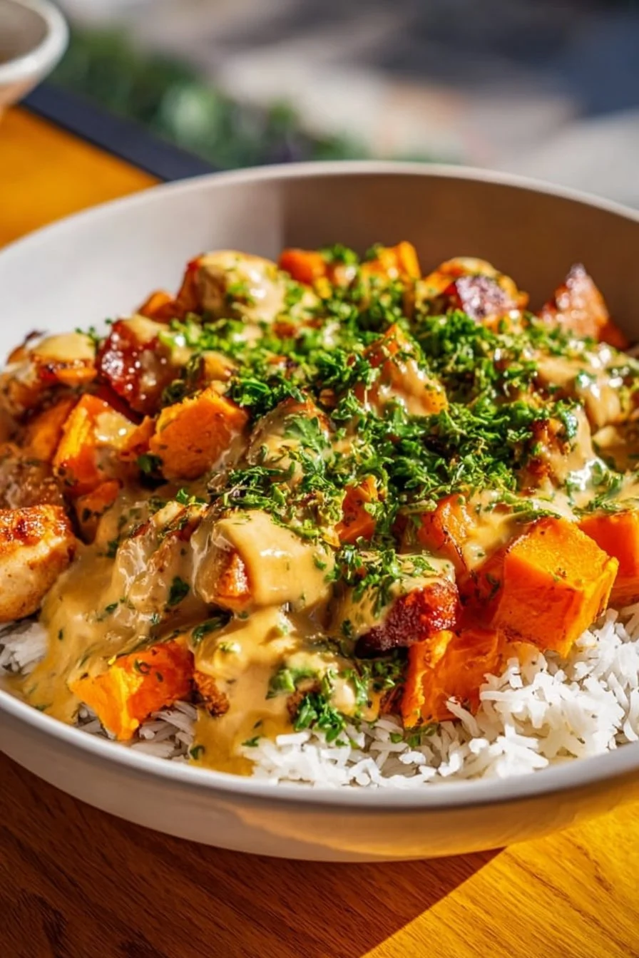 Chicken and Sweet Potato Bowls 4 Healthy chicken and sweet potato bowls with vibrant vegetables