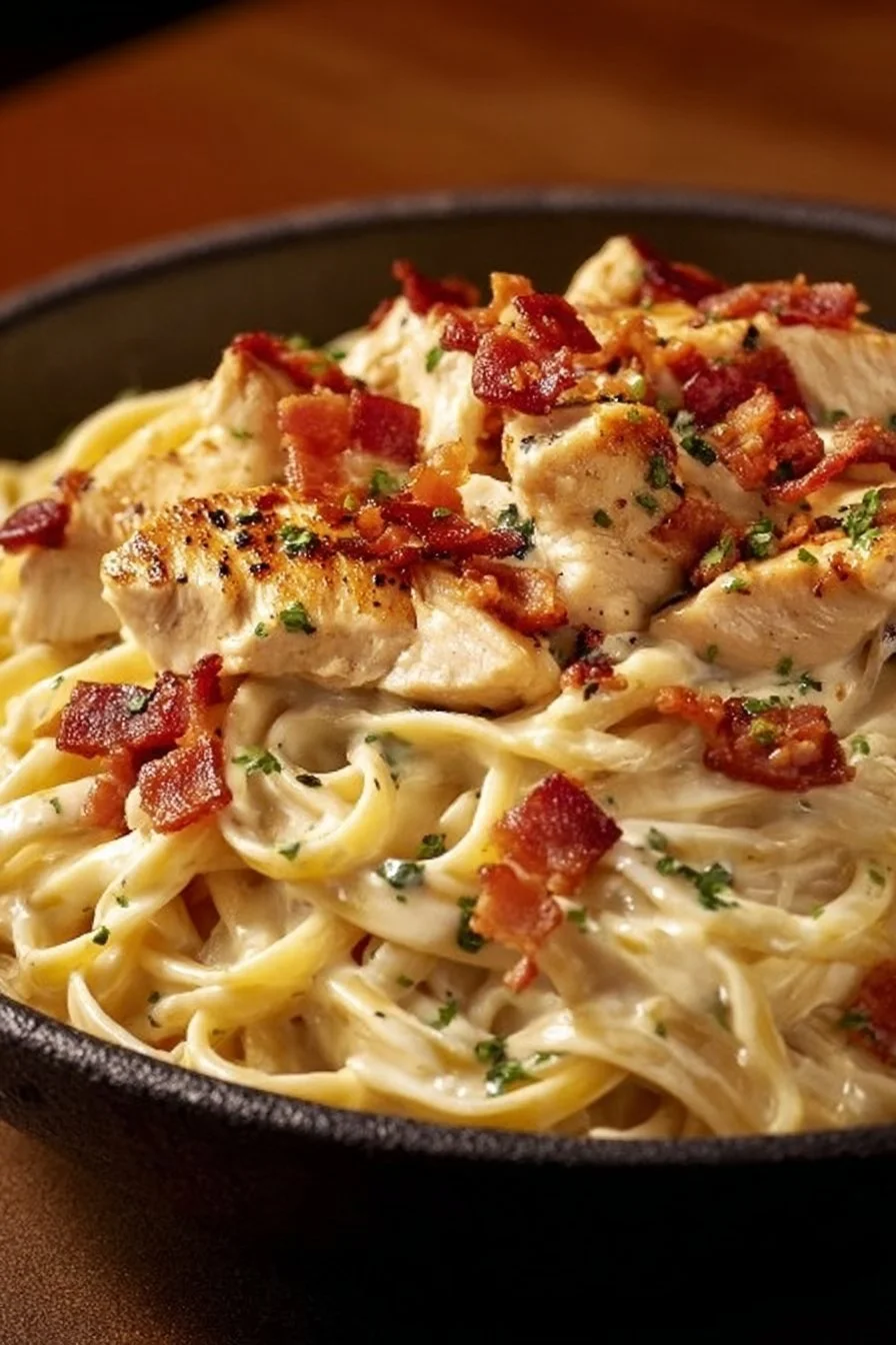 Creamy Chicken Bacon Ranch Pasta served in a bowl with herbs on top