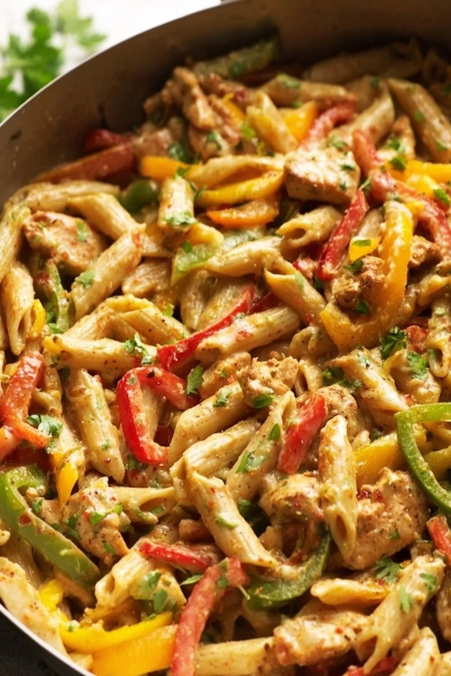Delicious chicken fajita pasta with colorful peppers and creamy sauce