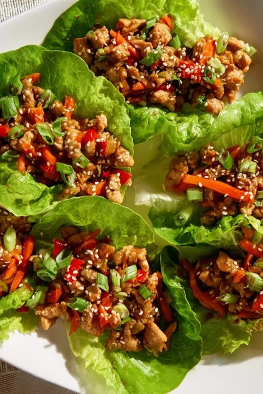 Delicious plate of Chicken Lettuce Wraps garnished with sauces and herbs.