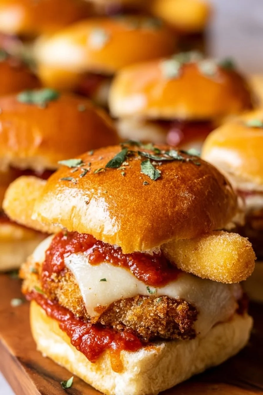 Chicken Parmesan Sliders 5 Delicious Chicken Parmesan sliders on a platter with marinara sauce.