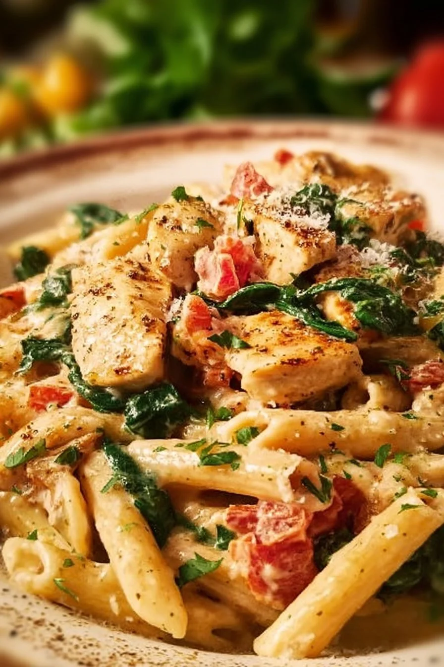 Plate of Chicken Penne Pasta with Bacon garnished with herbs