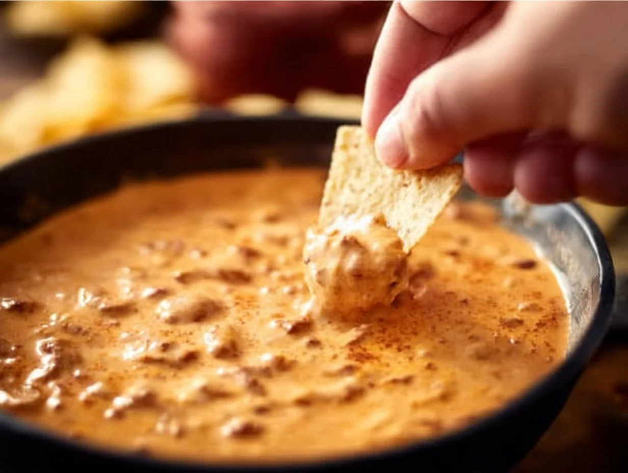 Delicious chili cheese dip served with tortilla chips