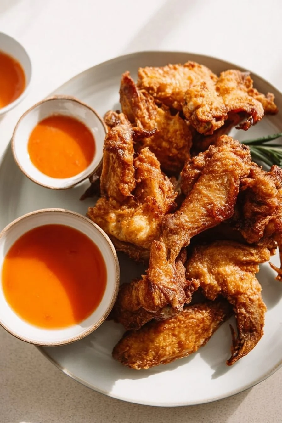 Chinese-style fried chicken wings served on a plate with dipping sauce