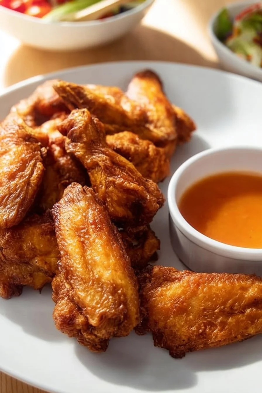 Chinese-Style Fried Chicken Wings 5 Chinese-style fried chicken wings served on a plate