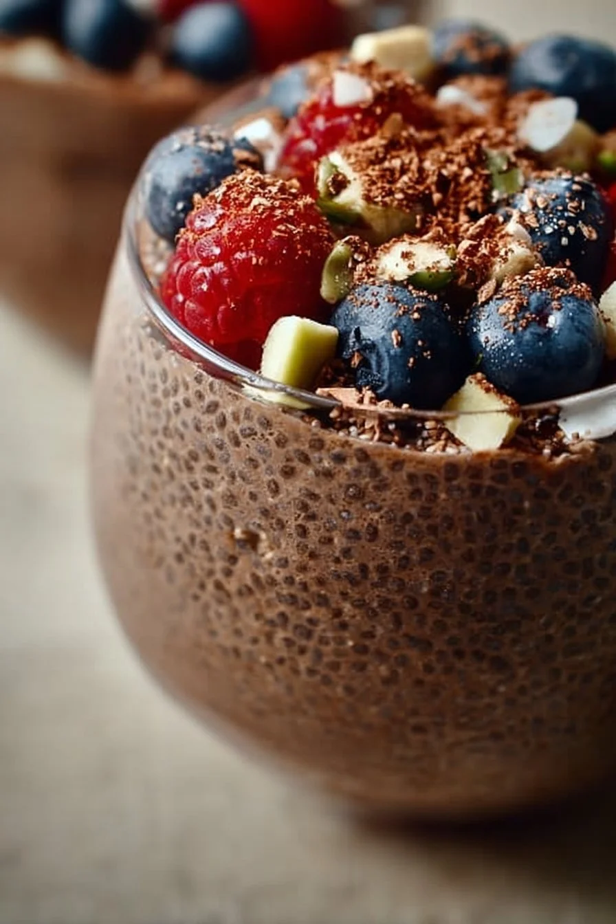 Delicious chocolate chia seed pudding topped with fresh berries and mint.