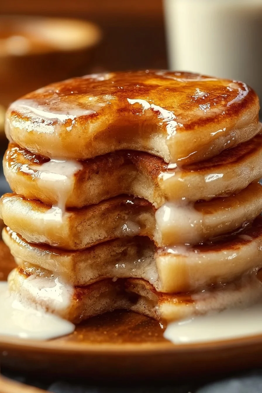 Cinnamon Roll Pancakes 4 Delicious cinnamon roll pancakes topped with cream cheese icing