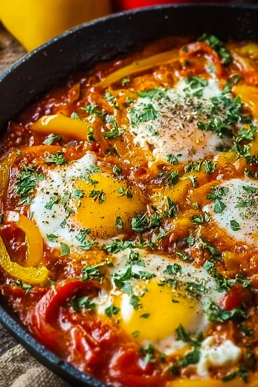 Delicious classic feta shakshuka served in a skillet with poached eggs and herbs