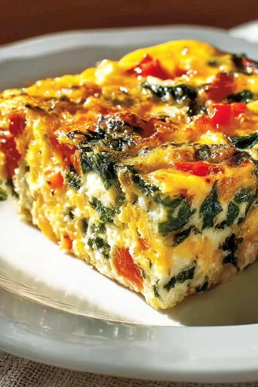Delicious cottage cheese egg bake topped with herbs on a plate