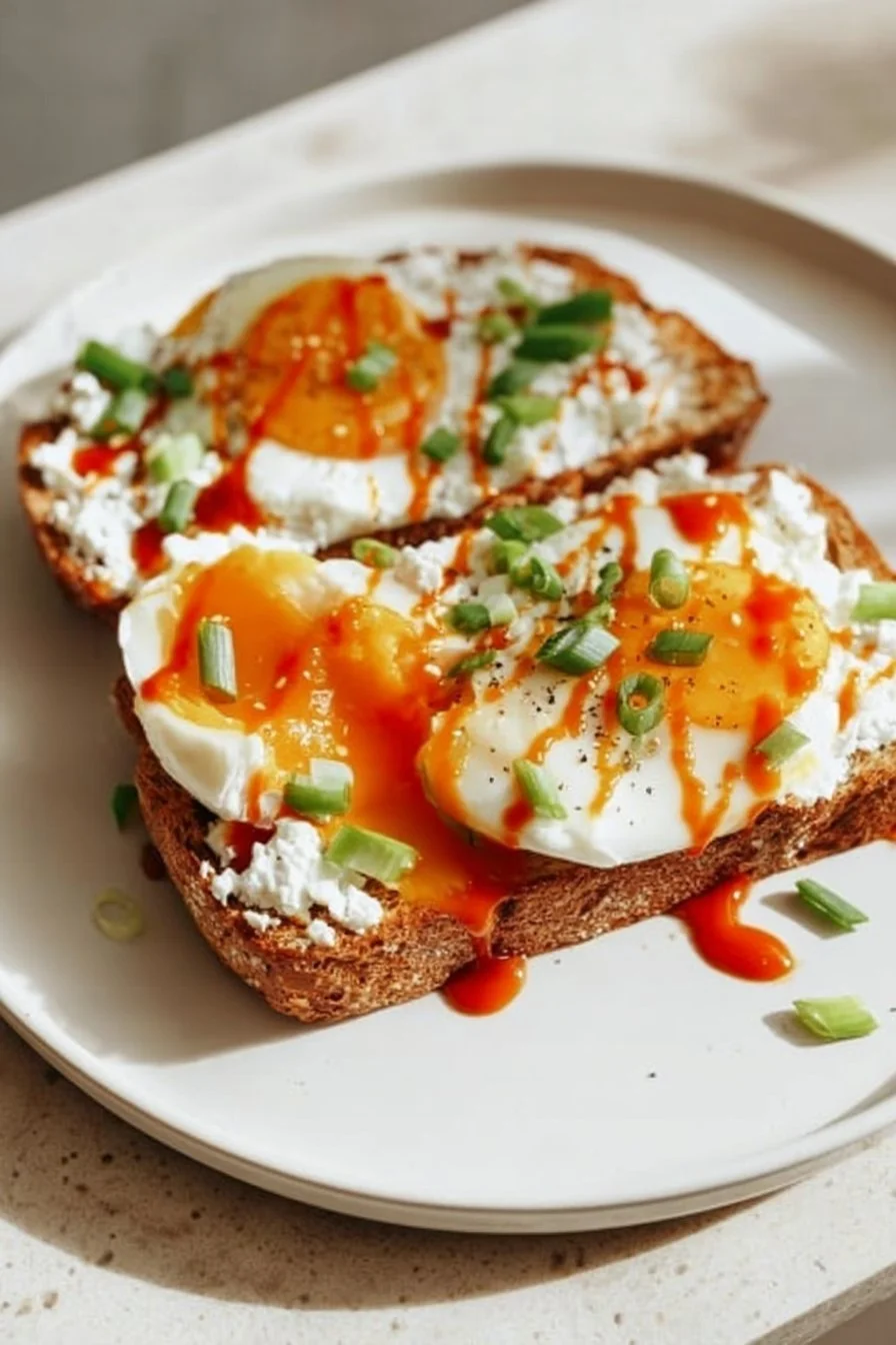 Cottage Cheese Egg & Sriracha Toast 4 Cottage Cheese Toast topped with egg and Sriracha sauce for a spicy breakfast option.