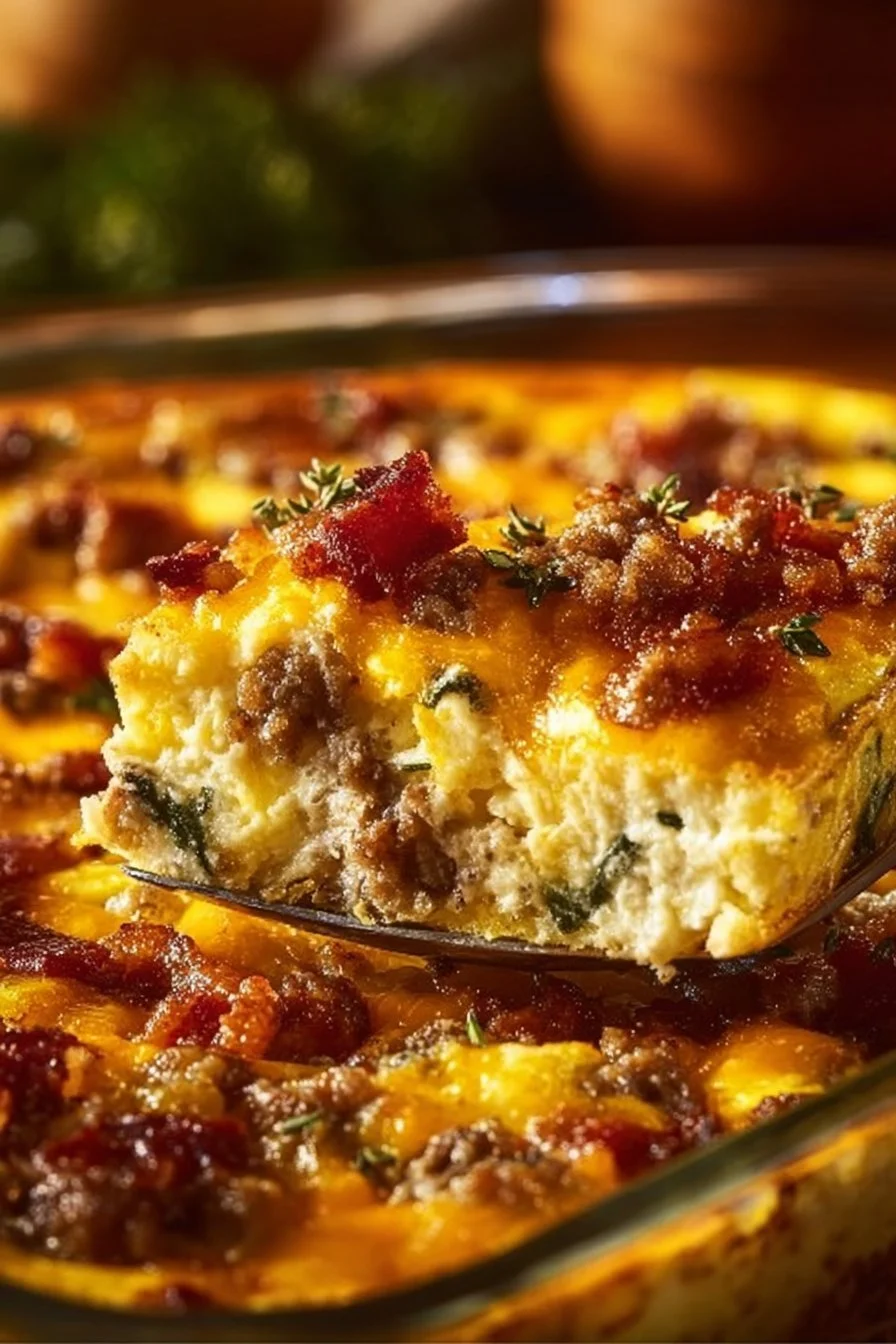 Delicious Crack Breakfast Casserole served in a dish with herbs and toppings