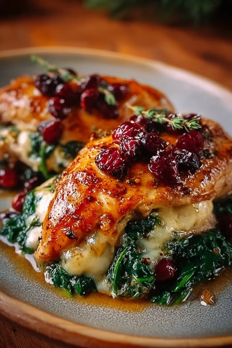Delicious Cranberry & Spinach Stuffed Chicken with Brie on a plate