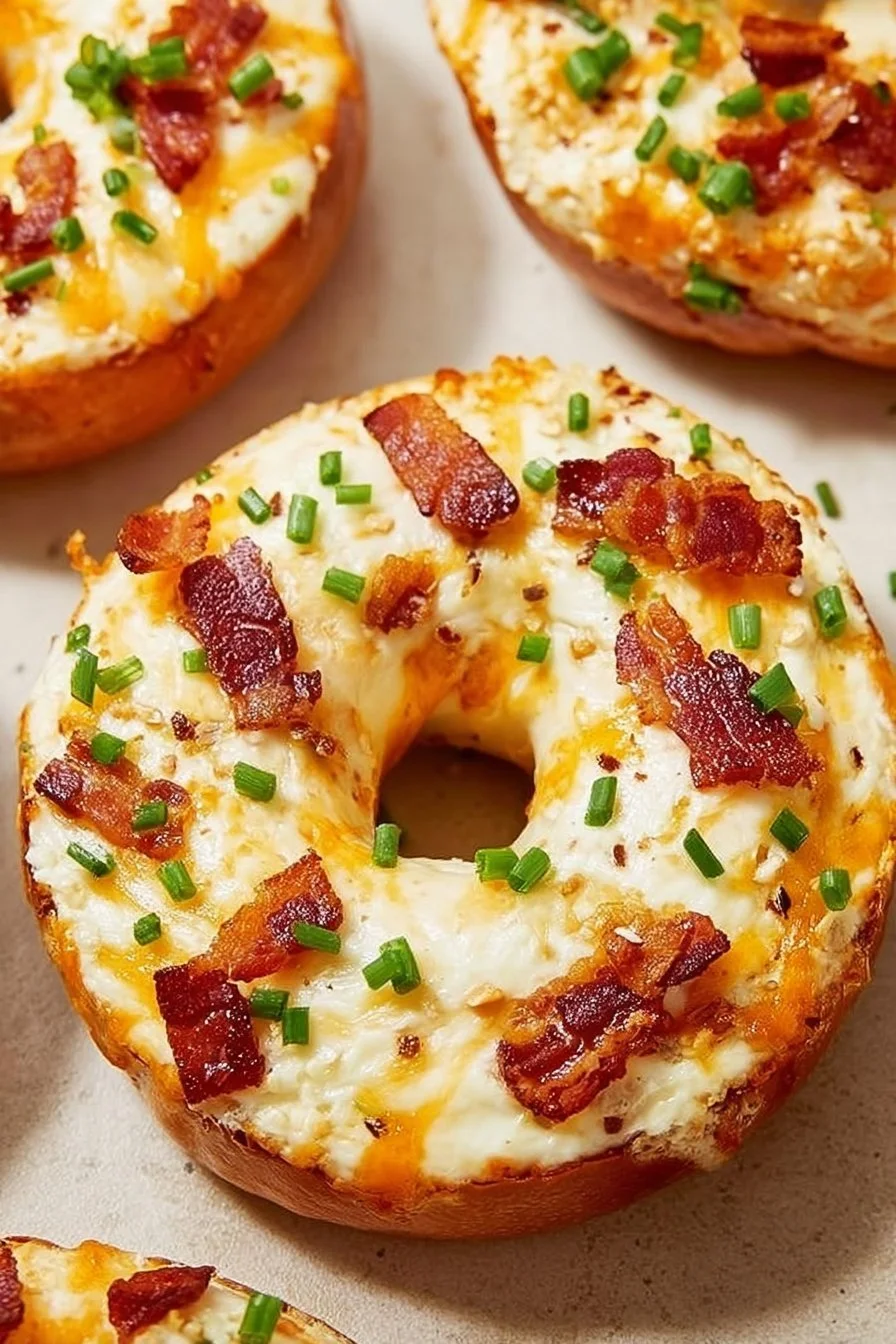 Creamy bacon cheddar bagel topped with crispy bacon and melted cheese