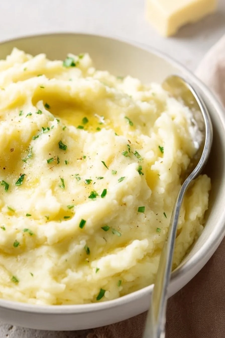 Creamy garlic mashed potatoes in a bowl with fresh garlic and herbs.