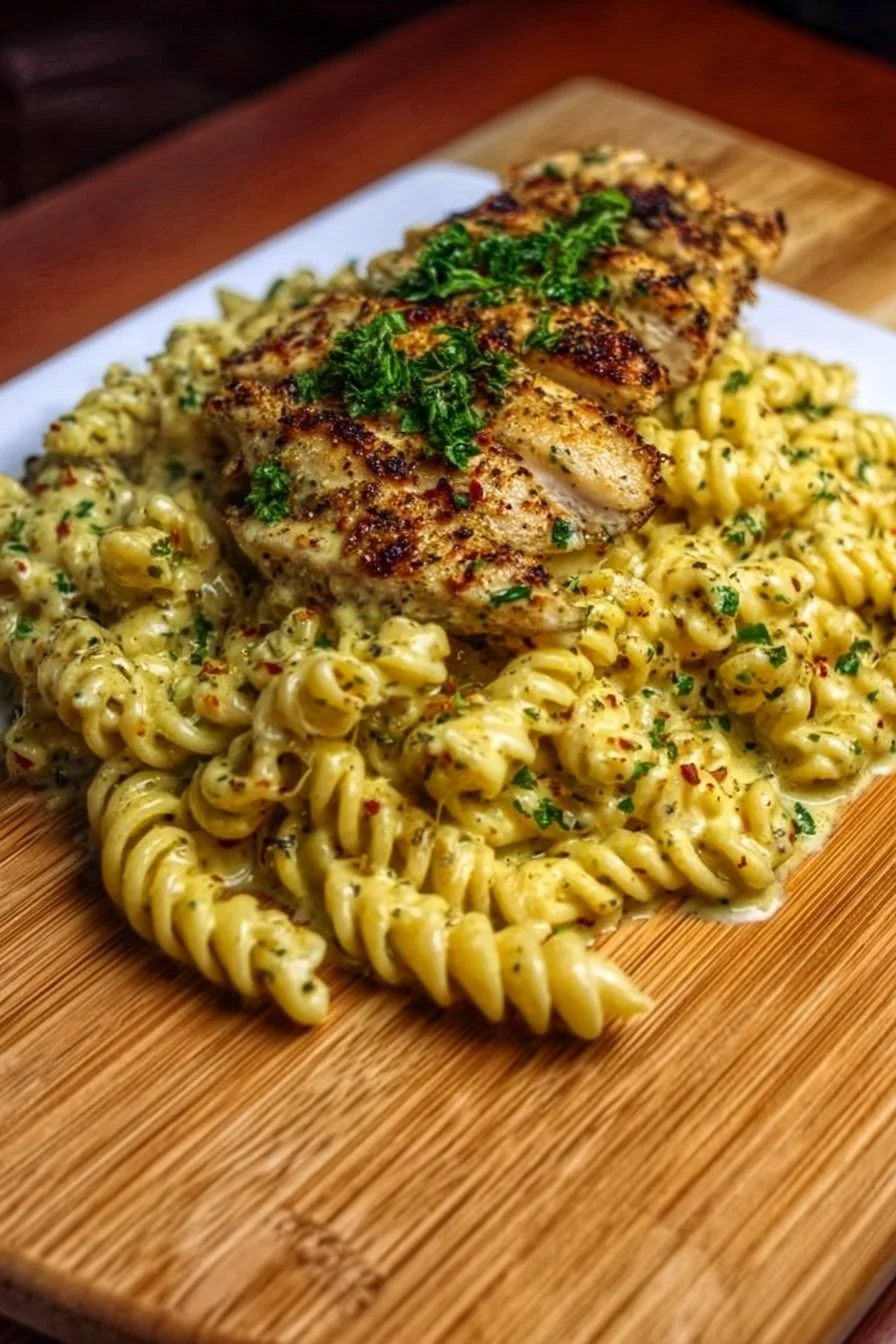 Creamy Garlic Parmesan Chicken Pasta served in a bowl with garnish