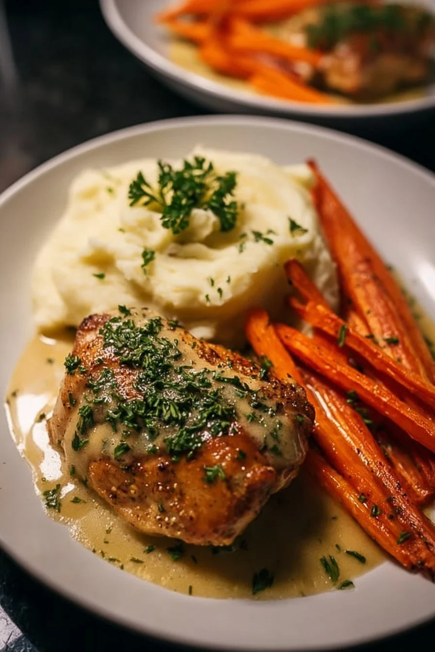 Creamy Herb Chicken with Mashed Potatoes & Glazed Carrots