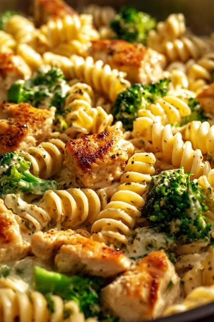 Creamy rotisserie chicken broccoli pasta dish with a rich sauce.