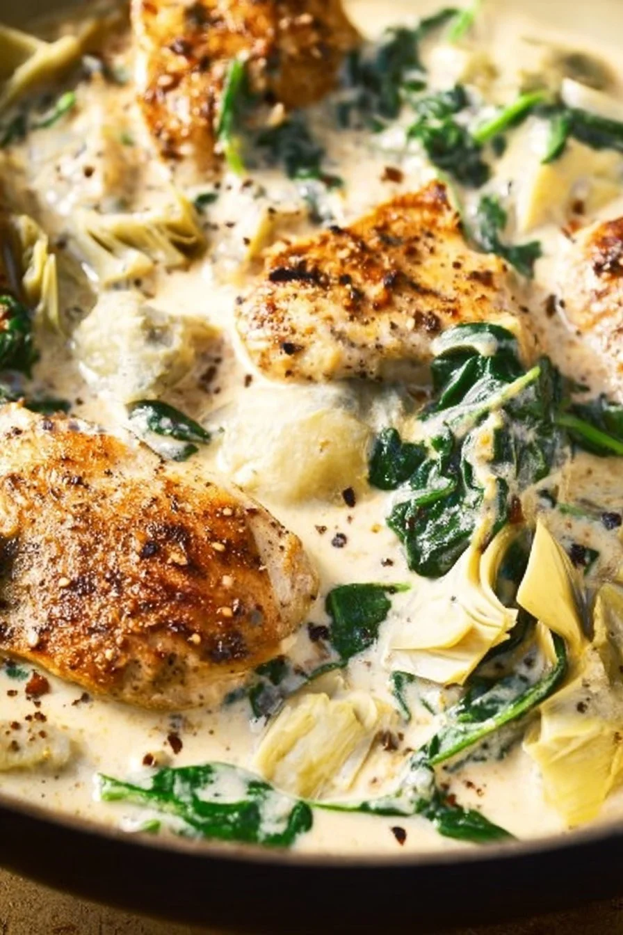 Creamy spinach artichoke chicken skillet served in a frying pan