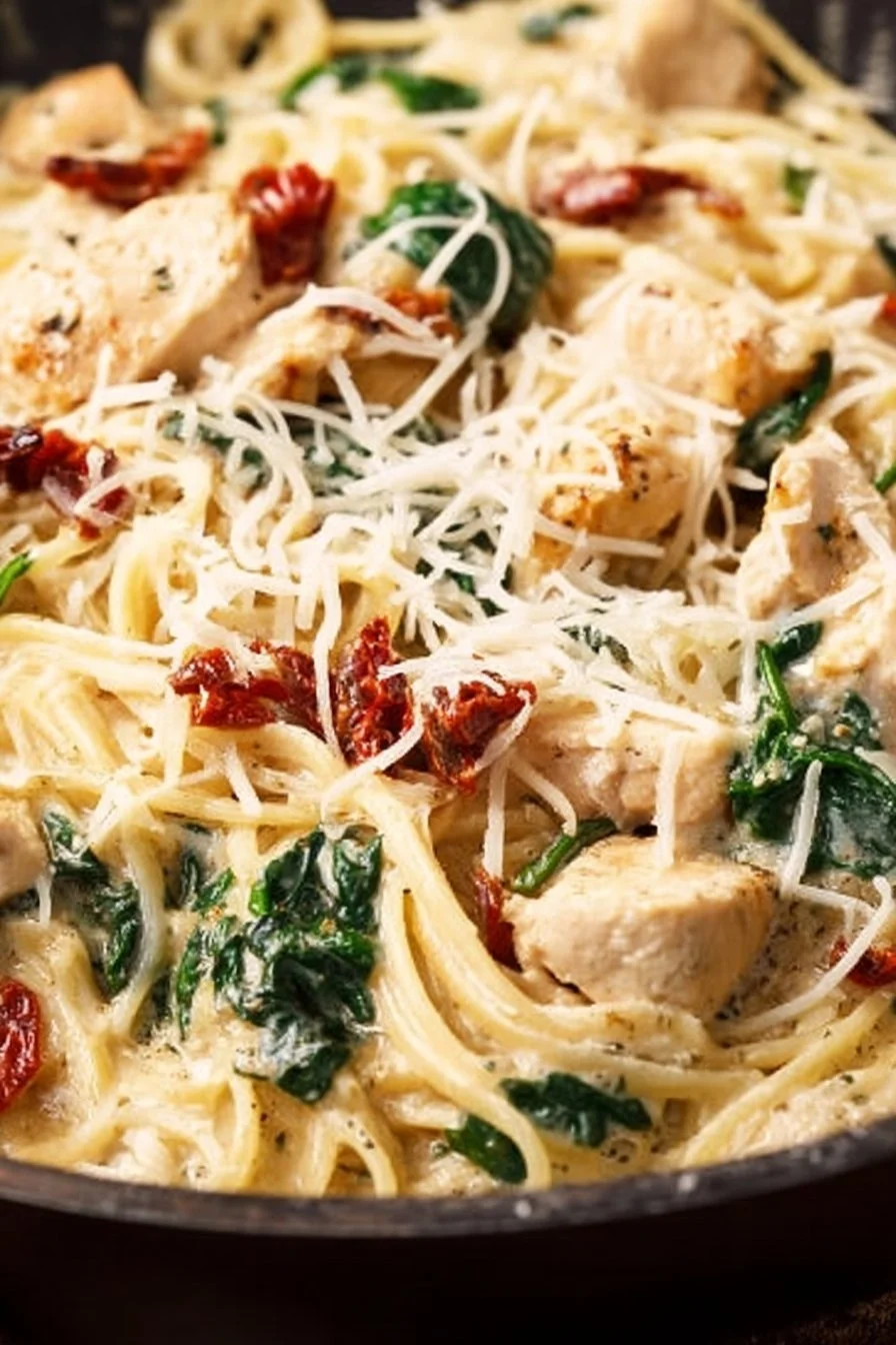 Creamy Tuscan Chicken Pasta 4 Creamy Tuscan chicken pasta served in a bowl with herbs and colorful vegetables