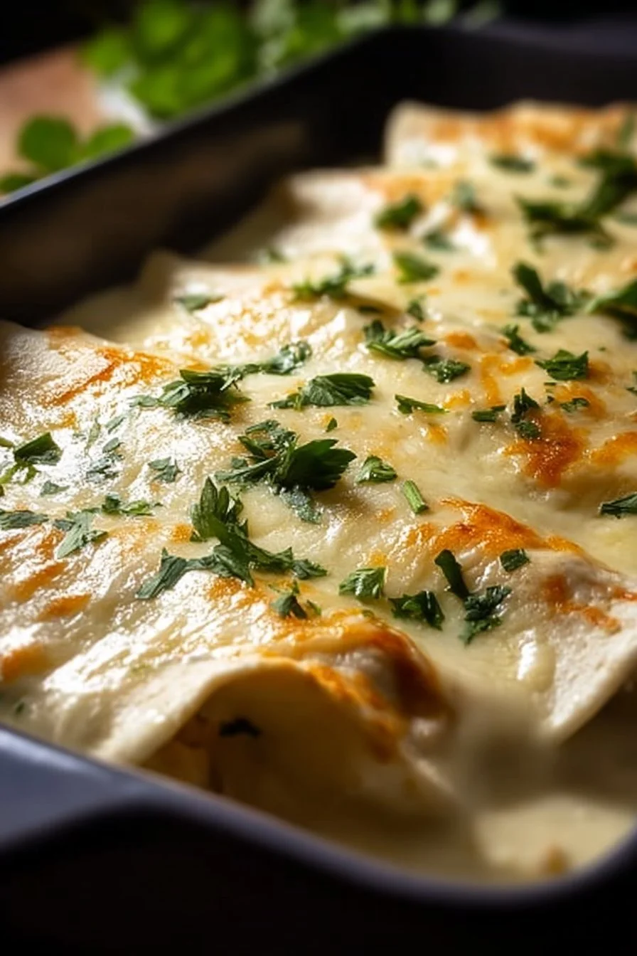Delicious creamy white chicken enchiladas served on a plate