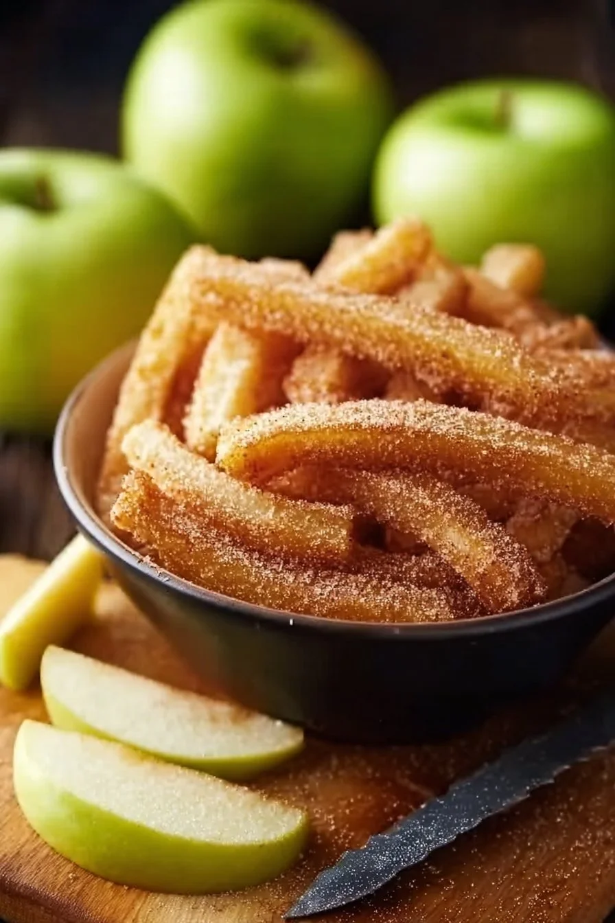 Crispy air fryer apple fries served with cinnamon sugar