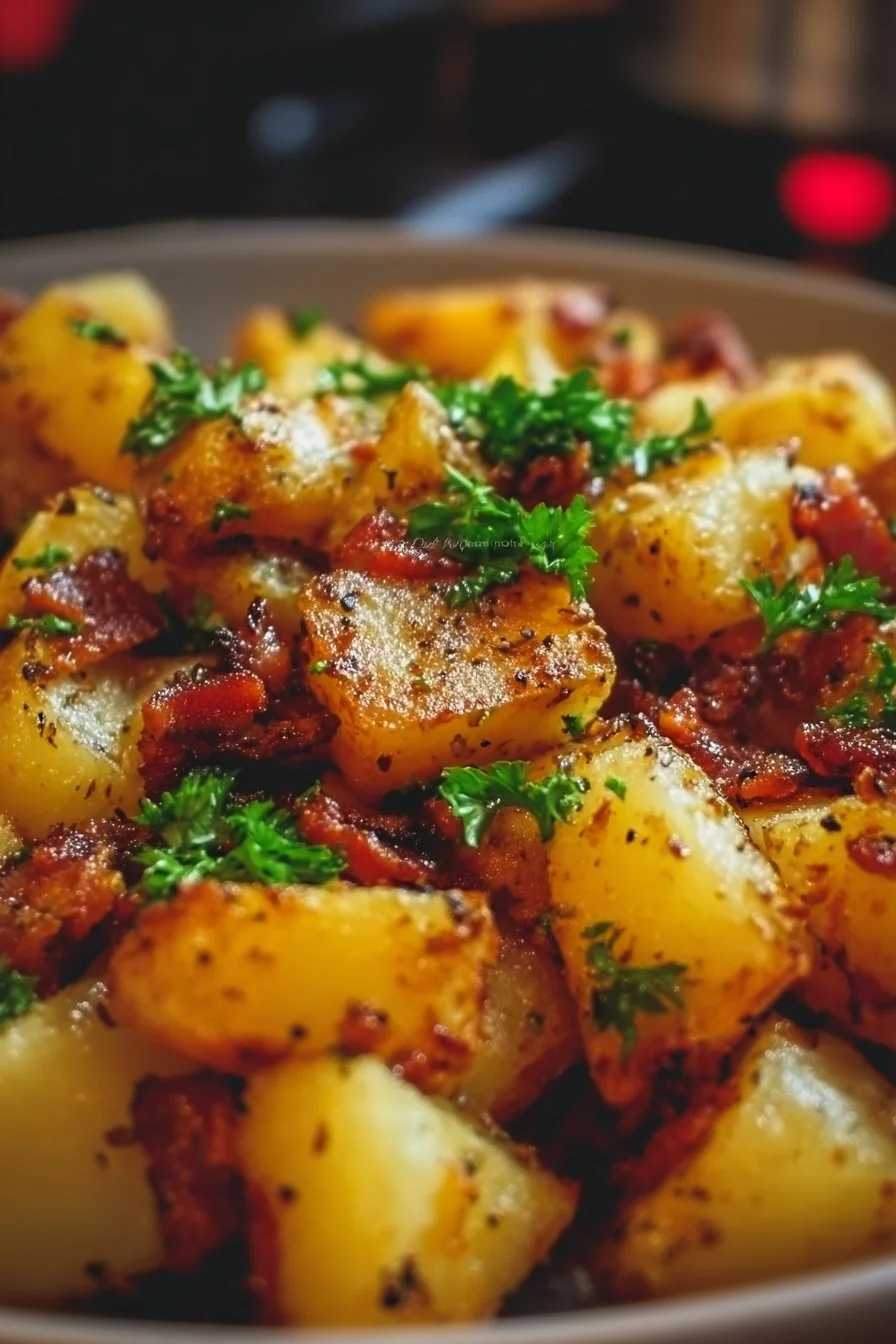 Plate of crispy breakfast potatoes seasoned to perfection