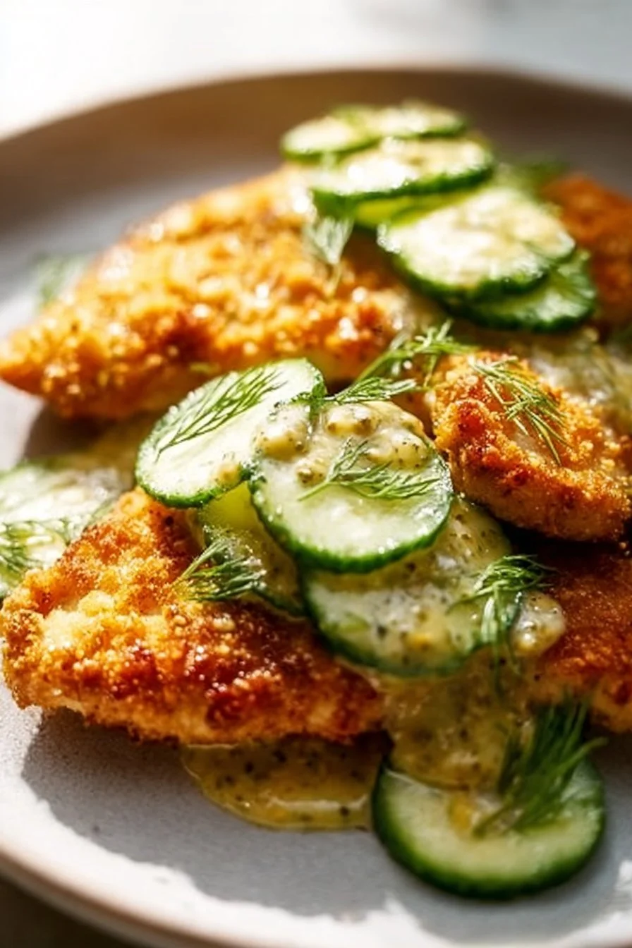 Crispy Dill Pickle Parmesan Chicken 4 Crispy dill pickle parmesan chicken garnished with herbs
