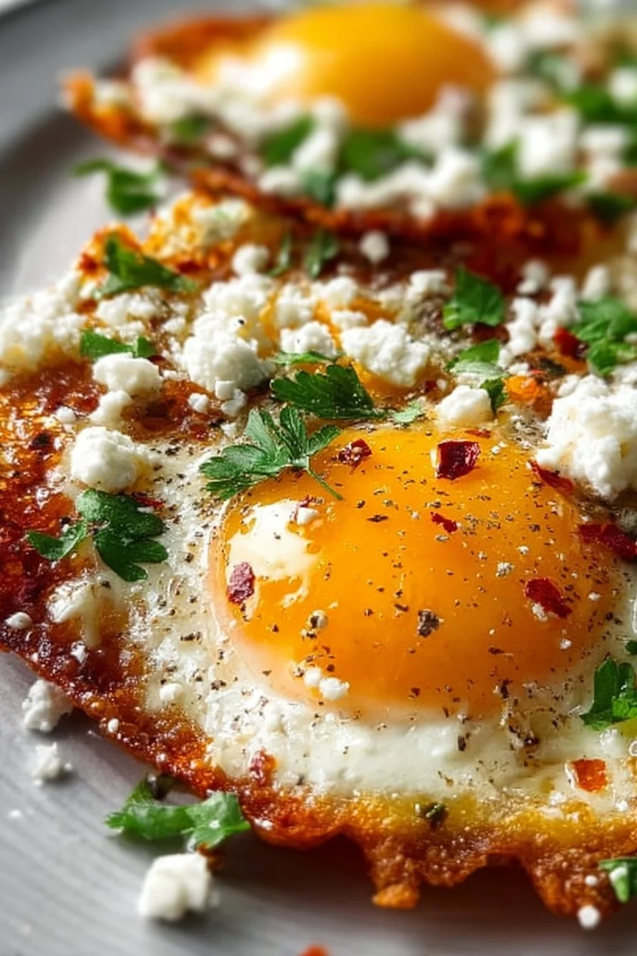 Plate of Crispy Feta Fried Eggs garnished with herbs