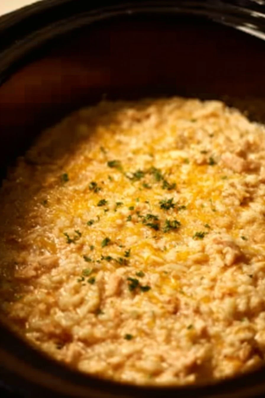 Crock Pot chicken and rice dish with tender chicken pieces and fluffy rice served in a bowl