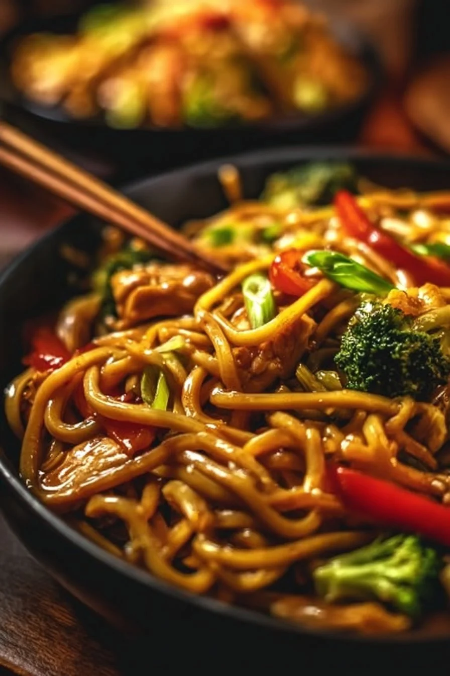 Bowl of delicious Crockpot Chicken Lo Mein with vegetables and noodles.