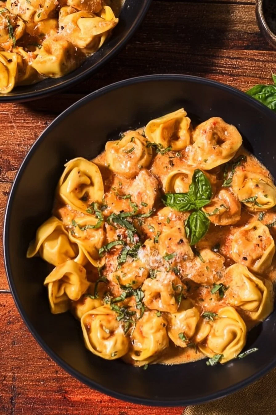 CrockPot Chicken Tortellini 4 CrockPot Chicken Tortellini dish with fresh herbs and cheese in a bowl.