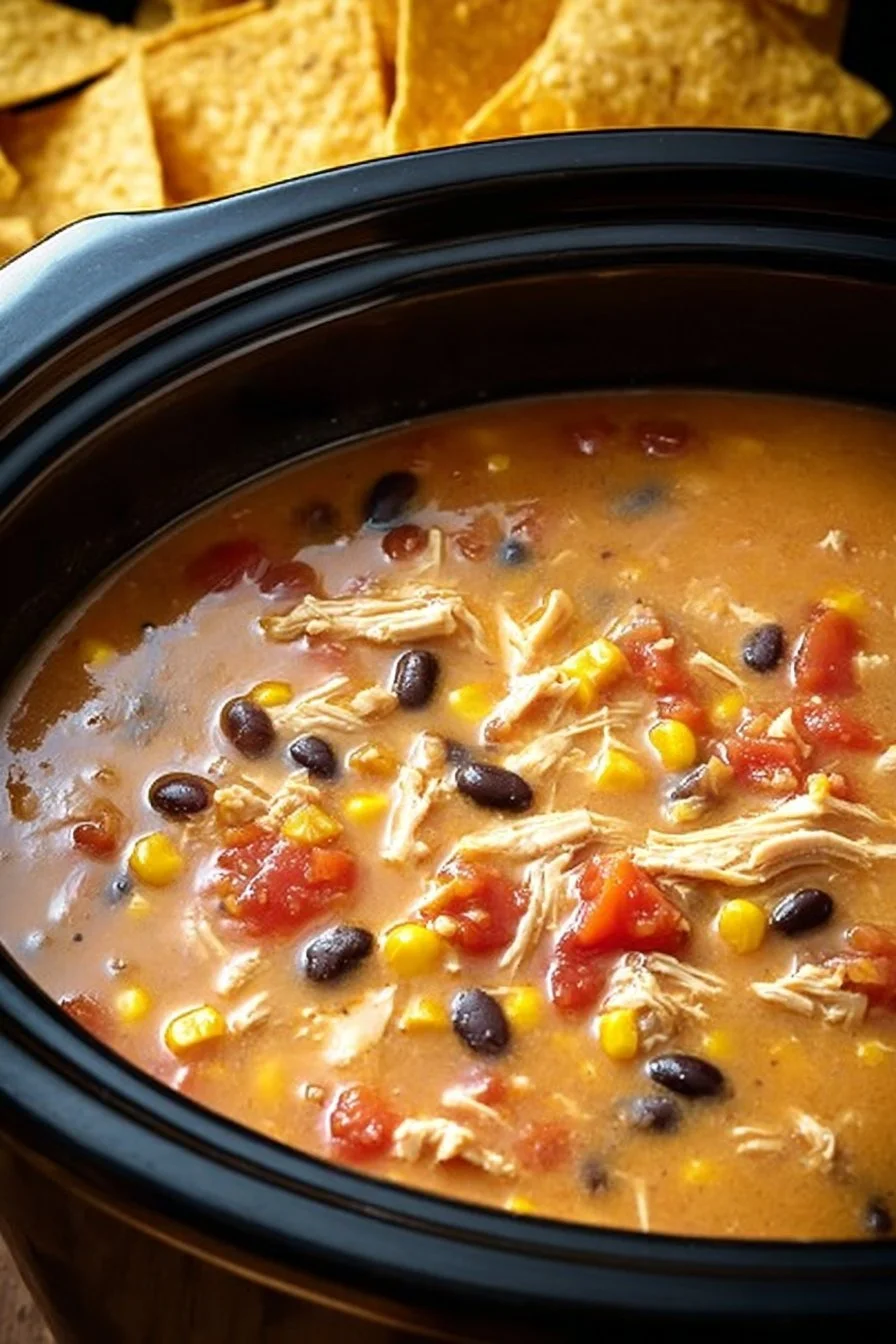 Bowl of Crockpot Chicken Tortilla Soup garnished with tortilla strips and cilantro.