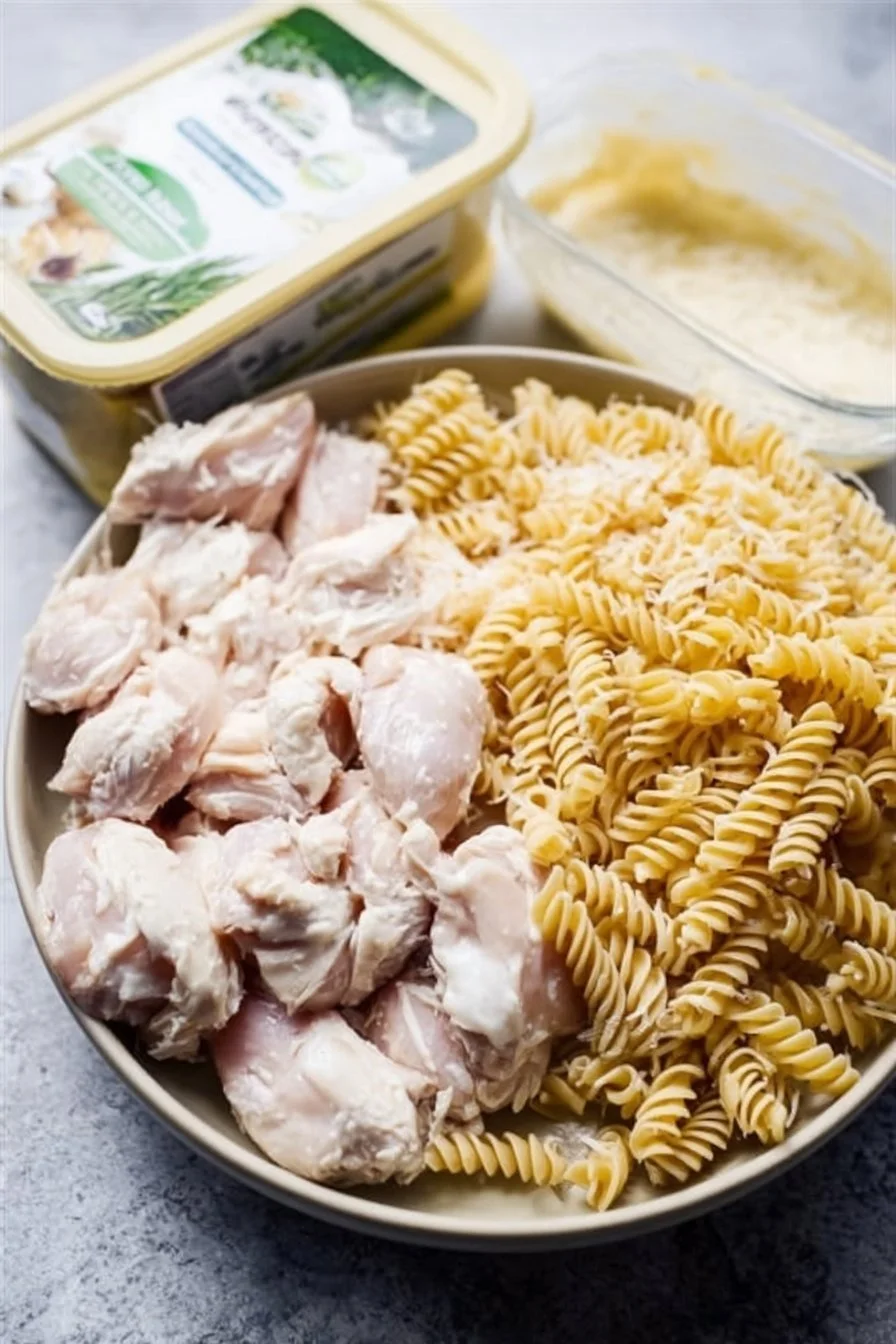 Crockpot Garlic Parmesan Chicken Pasta 5 Crockpot Garlic Parmesan Chicken Pasta served in a bowl with herbs.