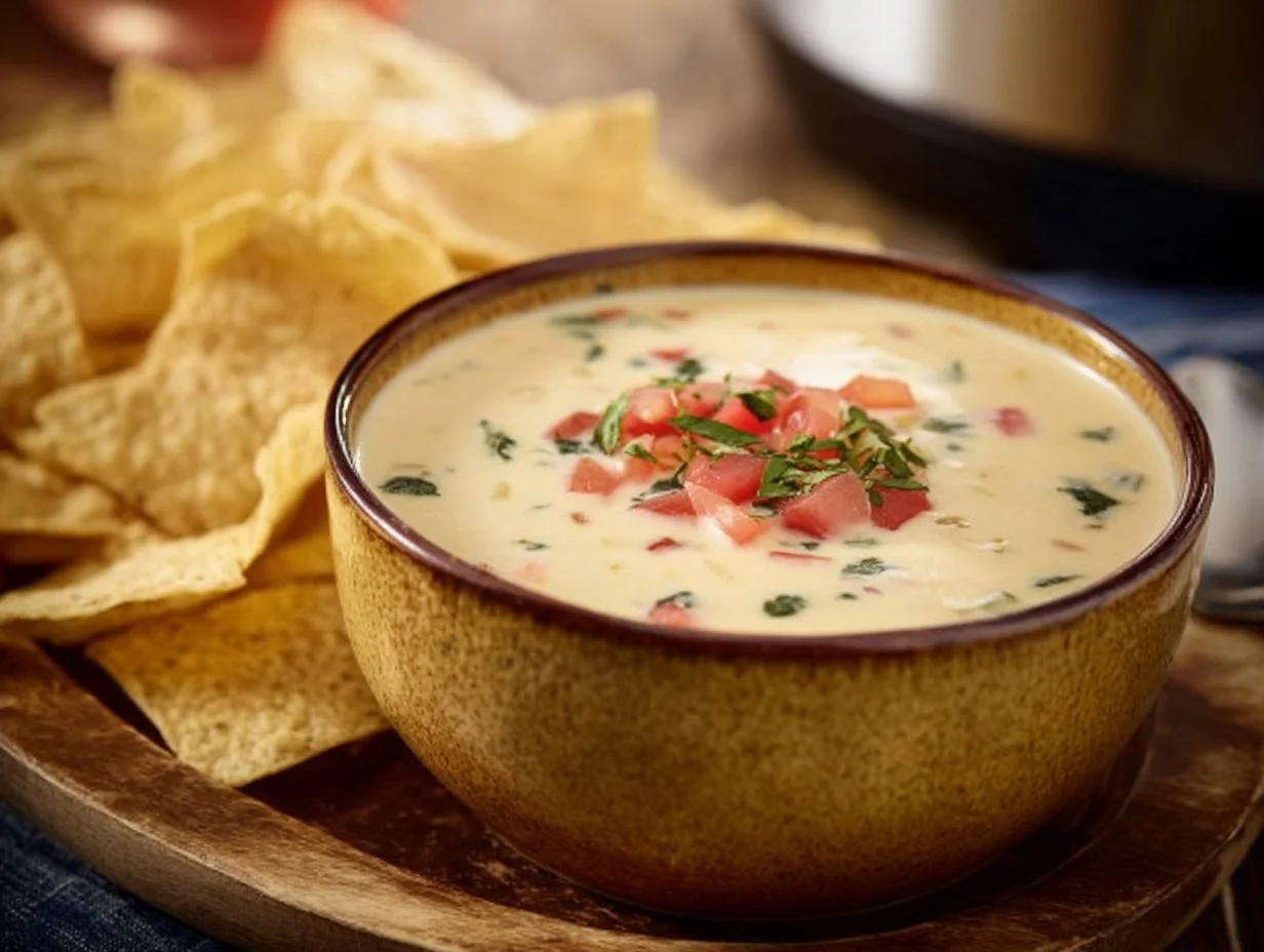 Creamy crockpot queso dip served with tortilla chips