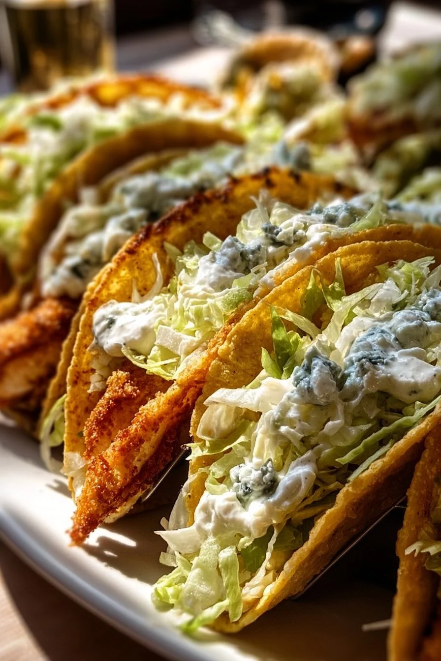 Dill Pickle Ranch Smash Chicken Tacos topped with crispy cheese