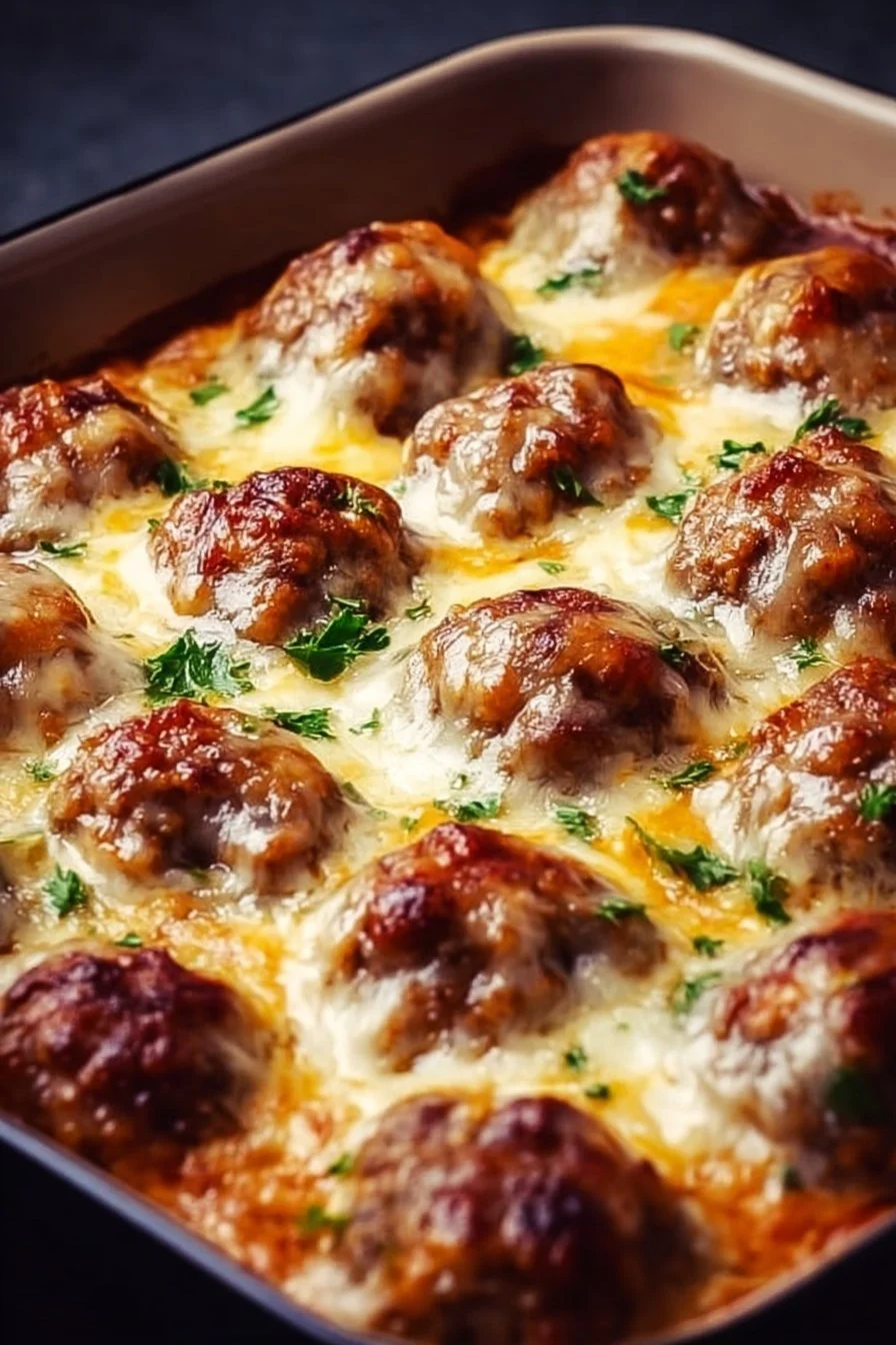 Dump-and-Bake Meatball Casserole served in a baking dish