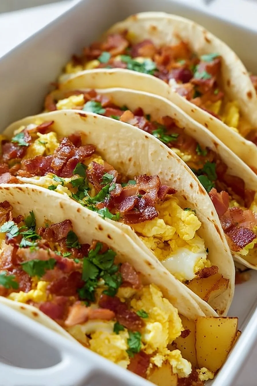 Easy baked breakfast tacos with eggs, cheese, and toppings