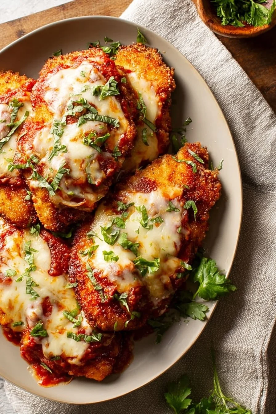 Plate of easy chicken parmesan garnished with basil and served with pasta