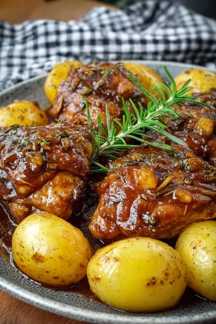 Easy Dump-and-Go Crockpot Honey Garlic Chicken Dinner 4 Crockpot honey garlic chicken served on a plate with rice and vegetables