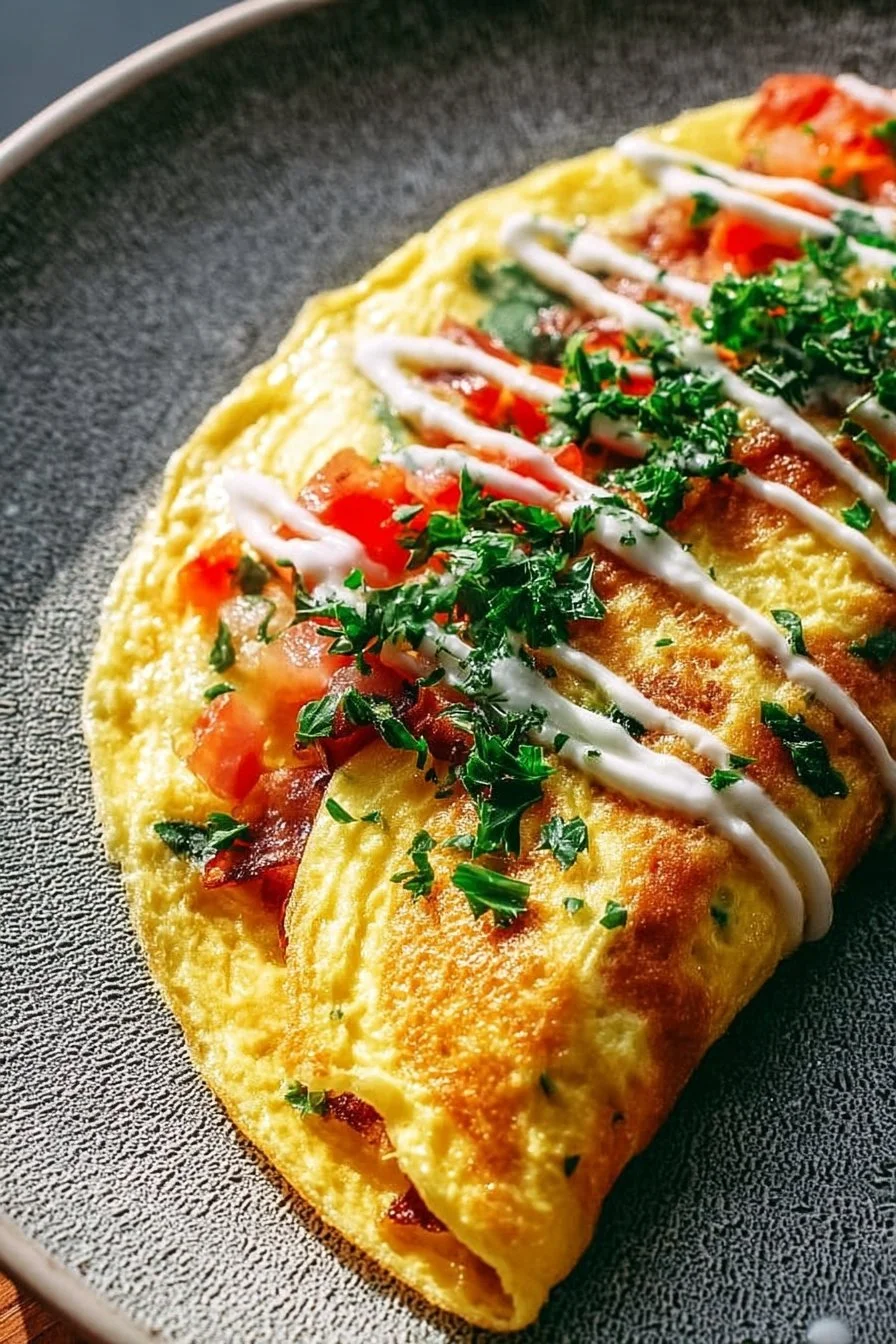 A delicious easy fluffy omelette served on a plate with herbs.