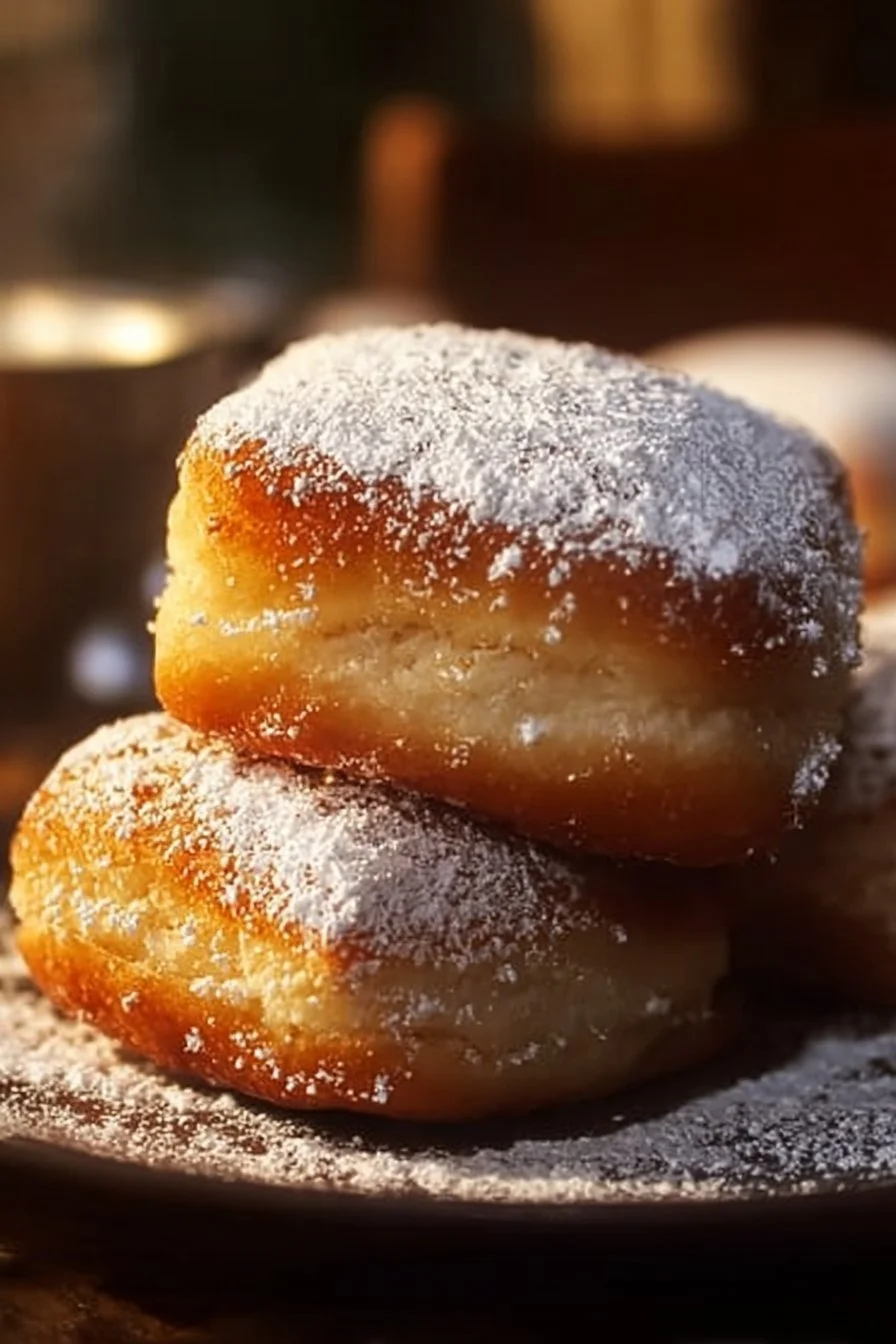 Delicious homemade vanilla beignets dusted with powdered sugar.