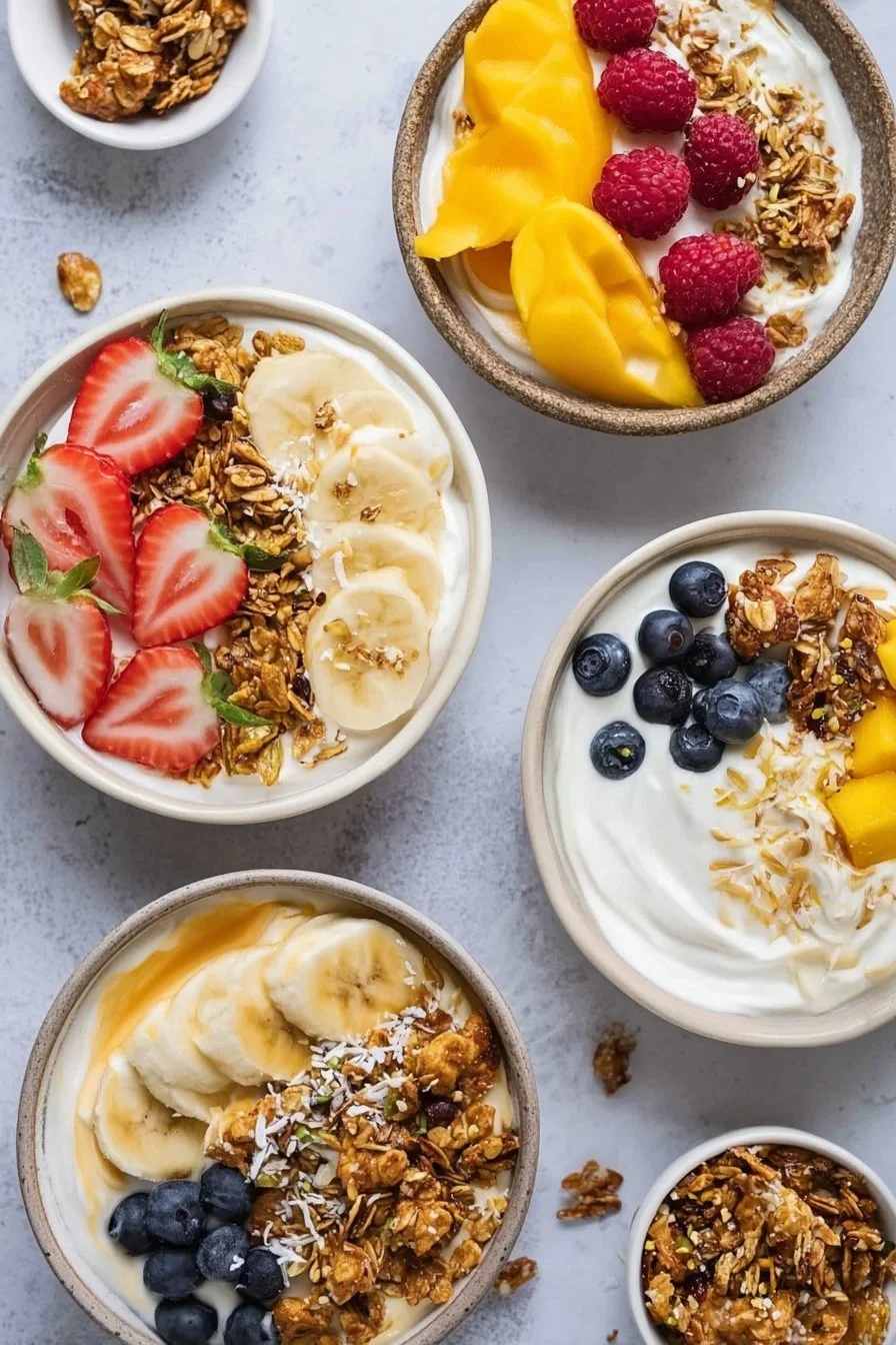 Delicious easy yogurt granola bowls topped with fresh fruits and nuts